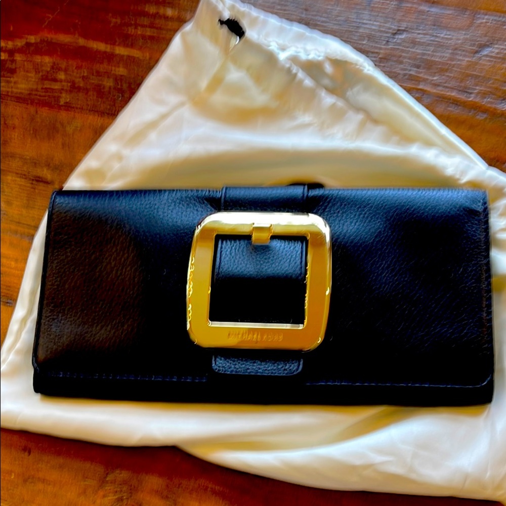 Michael Kors Black Leather Clutch with Gold Buckle good condition